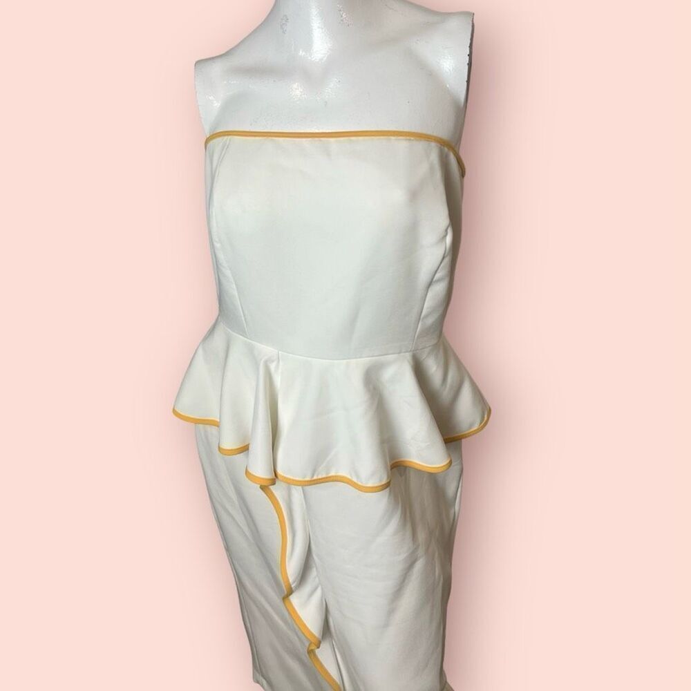 Eva Mendes New York and Company White and Gold No Sleeve Formal Dress with Ruffl